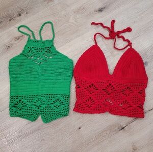 Red and Green Crochet Halter Tops